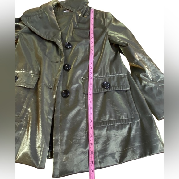 Hilary Radley NY Metallic Iridescent Olive Green Trench Coat Women’s Size M - Picture 11 of 13